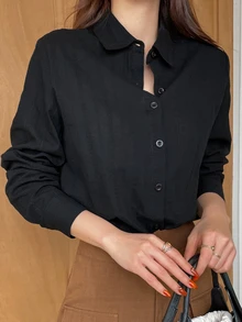 DAZY Casual Long Sleeve Women Blouse, Solid Color Textured Loose Fit,Long Sleeve Tops,Fall Clothes - Black - View 3