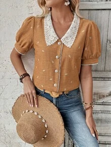 SHEIN Holidaya 女款夏季淺黃色蕾絲寬鬆鄉村風領口短袖襯衫，泡泡袖鈕扣式刺繡波浪邊上衣，優雅女式襯衫 - 卡其色 - 查看 7