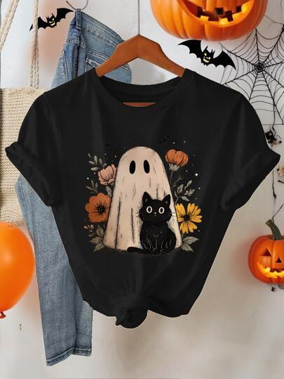 SHEIN LUNE Camiseta de manga corta de cuello redondo con estampado floral y de fantasma, de corte holgado y casual para mujer