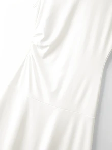 SHEIN Franclia 女款優雅法式通勤派對生日腰部抓褶黑白蕾絲飾邊中長洋裝，適合婚禮與夏季 - 白色 - 查看 6