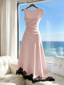 SHEIN Franclia 女款粉黑格紋蕾絲抓褶中長洋裝，適合派對、日場派對、酒吧派對，夏季優雅浪漫婚禮風 - 粉色 - 查看 4
