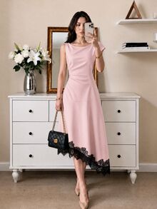 SHEIN Franclia 女款粉黑格紋蕾絲抓褶中長洋裝，適合派對、日場派對、酒吧派對，夏季優雅浪漫婚禮風 - 粉色 - 查看 1