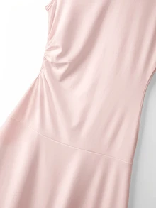 SHEIN Franclia 女款粉黑格紋蕾絲抓褶中長洋裝，適合派對、日場派對、酒吧派對，夏季優雅浪漫婚禮風 - 粉色 - 查看 6