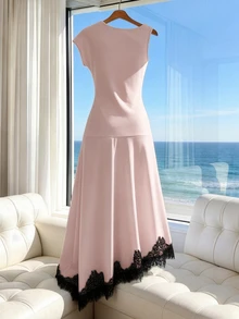 SHEIN Franclia 女款粉黑格紋蕾絲抓褶中長洋裝，適合派對、日場派對、酒吧派對，夏季優雅浪漫婚禮風 - 粉色 - 查看 2