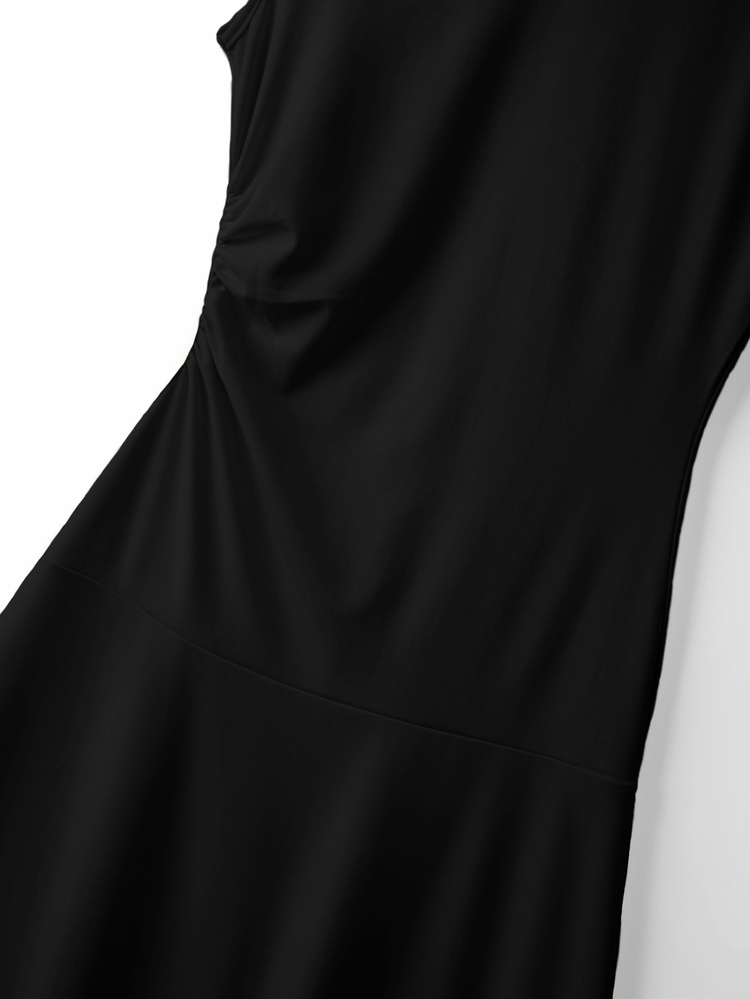 SHEIN Franclia Black Ruched Waist Lace Trim Mid-Length Dress For Women - Black - View 5