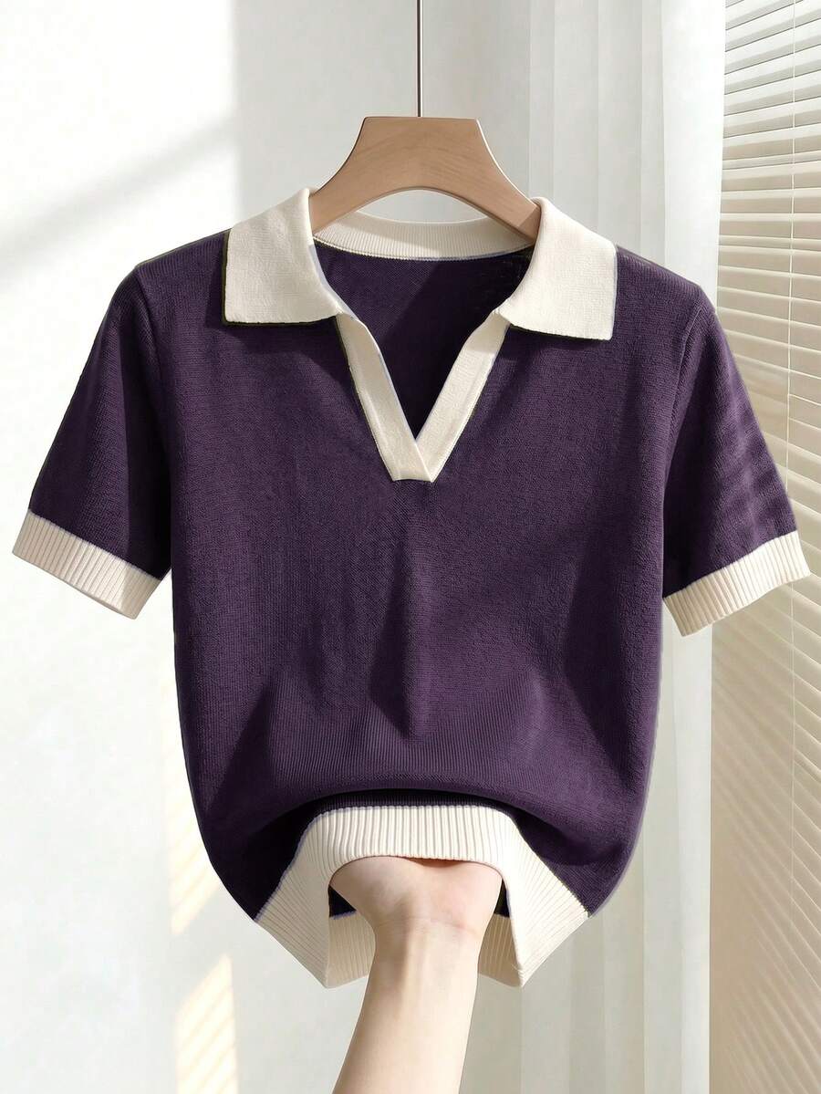 Franclia 女款春夏拼色簡約學院風休閒 Polo 領短袖修身針織上衣,度假優雅百搭,適合辦公商務 - 紫色 - 查看 1