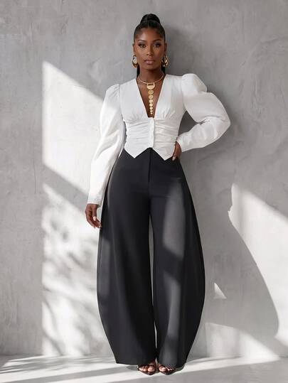 BamGlimmer Women's Autumn Blouse With Oversized Sexy Elegant Design Silhouette Sleeves V-Neck Long Sleeves Tie Waist Ruched Detail Casual Style White Night Out