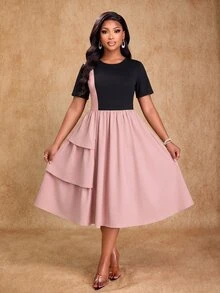 Brilight Gaun A-Line Longgar Lengan Pendek Leher Bulat dengan Hem Berlapis Ametris dan Rumbai, Gaun Streetwear Sehari-hari, Gaun Elegan untuk Brunch, Pesta Teh, Warna Pink dan Hitam, Cocok untuk Musim Panas - Berwarna merah muda - View 1