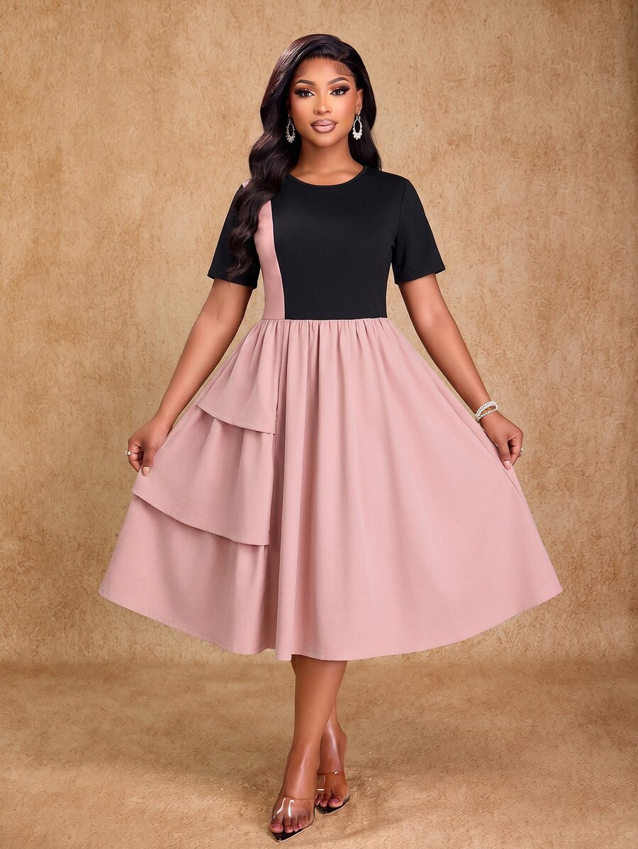 Brilight Gaun A-Line Longgar Lengan Pendek Leher Bulat dengan Hem Berlapis Ametris dan Rumbai, Gaun Streetwear Sehari-hari, Gaun Elegan untuk Brunch, Pesta Teh, Warna Pink dan Hitam, Cocok untuk Musim Panas - Berwarna merah muda - View 1