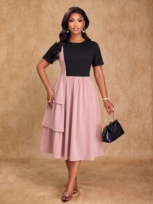 Brilight Gaun A-Line Longgar Lengan Pendek Leher Bulat dengan Hem Berlapis Ametris dan Rumbai, Gaun Streetwear Sehari-hari, Gaun Elegan untuk Brunch, Pesta Teh, Warna Pink dan Hitam, Cocok untuk Musim Panas - Berwarna merah muda - View 7