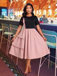 Brilight Gaun A-Line Longgar Lengan Pendek Leher Bulat dengan Hem Berlapis Ametris dan Rumbai, Gaun Streetwear Sehari-hari, Gaun Elegan untuk Brunch, Pesta Teh, Warna Pink dan Hitam, Cocok untuk Musim Panas - Berwarna merah muda - View 9