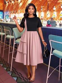 Brilight Gaun A-Line Longgar Lengan Pendek Leher Bulat dengan Hem Berlapis Ametris dan Rumbai, Gaun Streetwear Sehari-hari, Gaun Elegan untuk Brunch, Pesta Teh, Warna Pink dan Hitam, Cocok untuk Musim Panas - Berwarna merah muda - View 6
