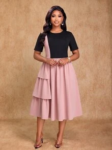 Brilight Gaun A-Line Longgar Lengan Pendek Leher Bulat dengan Hem Berlapis Ametris dan Rumbai, Gaun Streetwear Sehari-hari, Gaun Elegan untuk Brunch, Pesta Teh, Warna Pink dan Hitam, Cocok untuk Musim Panas - Berwarna merah muda - View 5