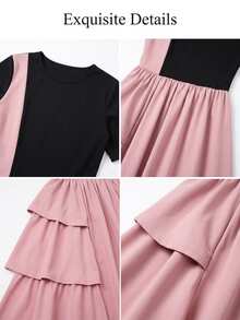 Brilight Gaun A-Line Longgar Lengan Pendek Leher Bulat dengan Hem Berlapis Ametris dan Rumbai, Gaun Streetwear Sehari-hari, Gaun Elegan untuk Brunch, Pesta Teh, Warna Pink dan Hitam, Cocok untuk Musim Panas - Berwarna merah muda - View 3
