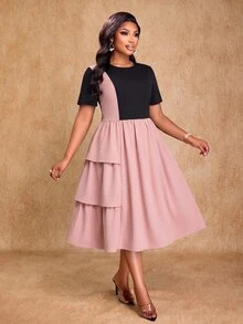 Brilight Gaun A-Line Longgar Lengan Pendek Leher Bulat dengan Hem Berlapis Ametris dan Rumbai, Gaun Streetwear Sehari-hari, Gaun Elegan untuk Brunch, Pesta Teh, Warna Pink dan Hitam, Cocok untuk Musim Panas - Berwarna merah muda - View 8