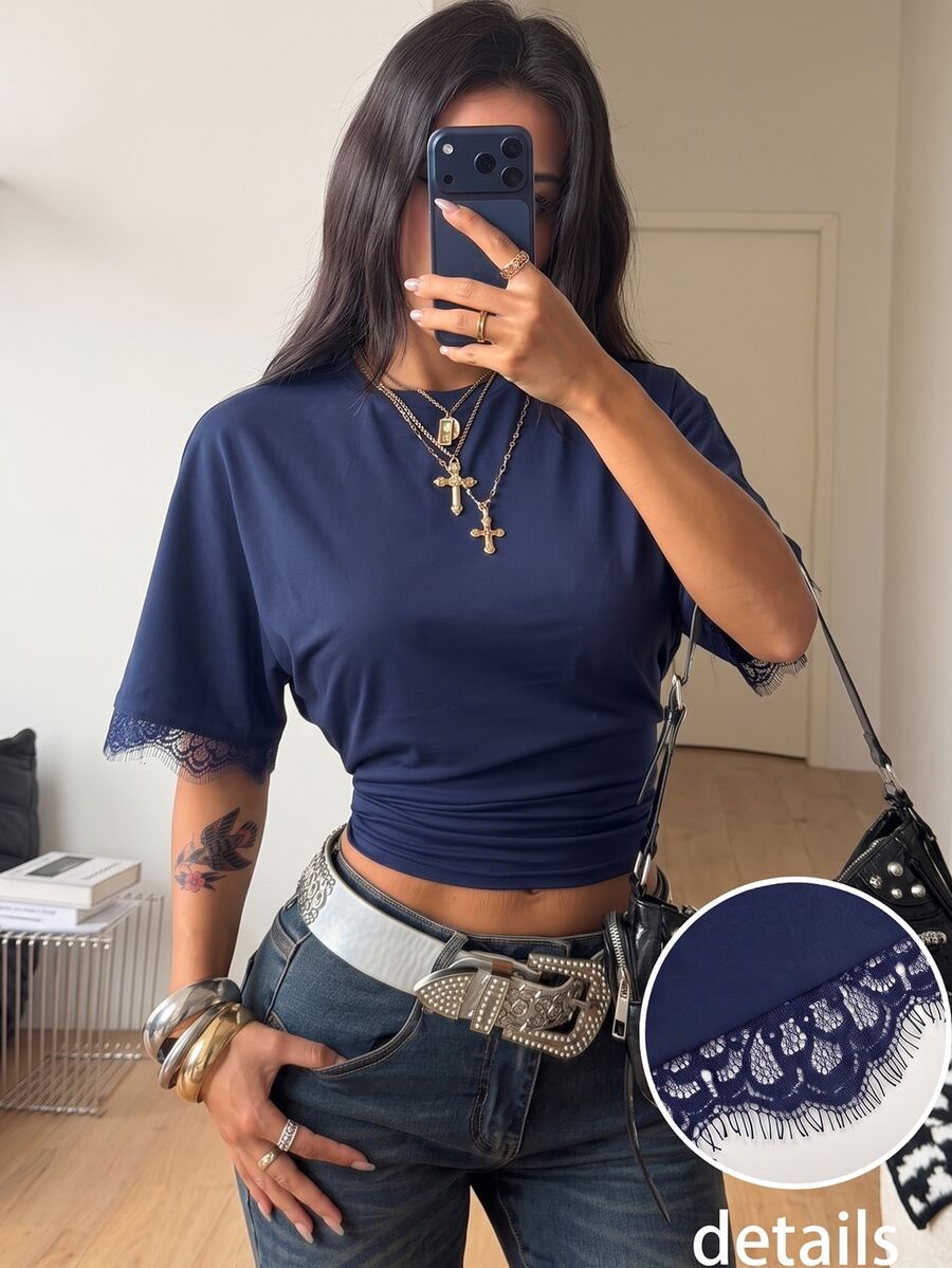 Coolane 女款夏季街頭風極簡日常基本休閒深藍色收腰圓領對比蕾絲短袖T恤 - 藏蓝色 - 查看 1