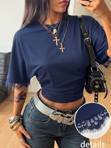 Coolane 女款夏季街頭風極簡日常基本休閒深藍色收腰圓領對比蕾絲短袖T恤 - 藏蓝色 - 查看 3