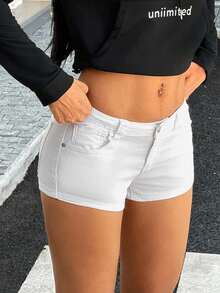 Flexra Petite 夏季女士弹力休闲修身性感牛仔短裤 - 白色 - 查看 6
