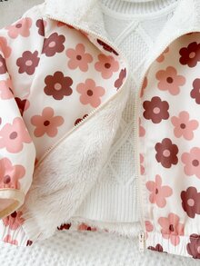 SHEIN LMoss Kids 女嬰花卉圖案長袖連帽人造毛厚外套 - 彩色 - 查看 5