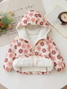SHEIN LMoss Kids 女嬰花卉圖案長袖連帽人造毛厚外套 - 彩色 - 查看 3