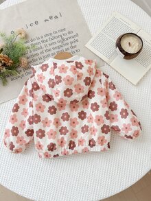 SHEIN LMoss Kids 女嬰花卉圖案長袖連帽人造毛厚外套 - 彩色 - 查看 2