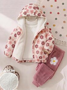 SHEIN LMoss Kids 女嬰花卉圖案長袖連帽人造毛厚外套 - 彩色 - 查看 6