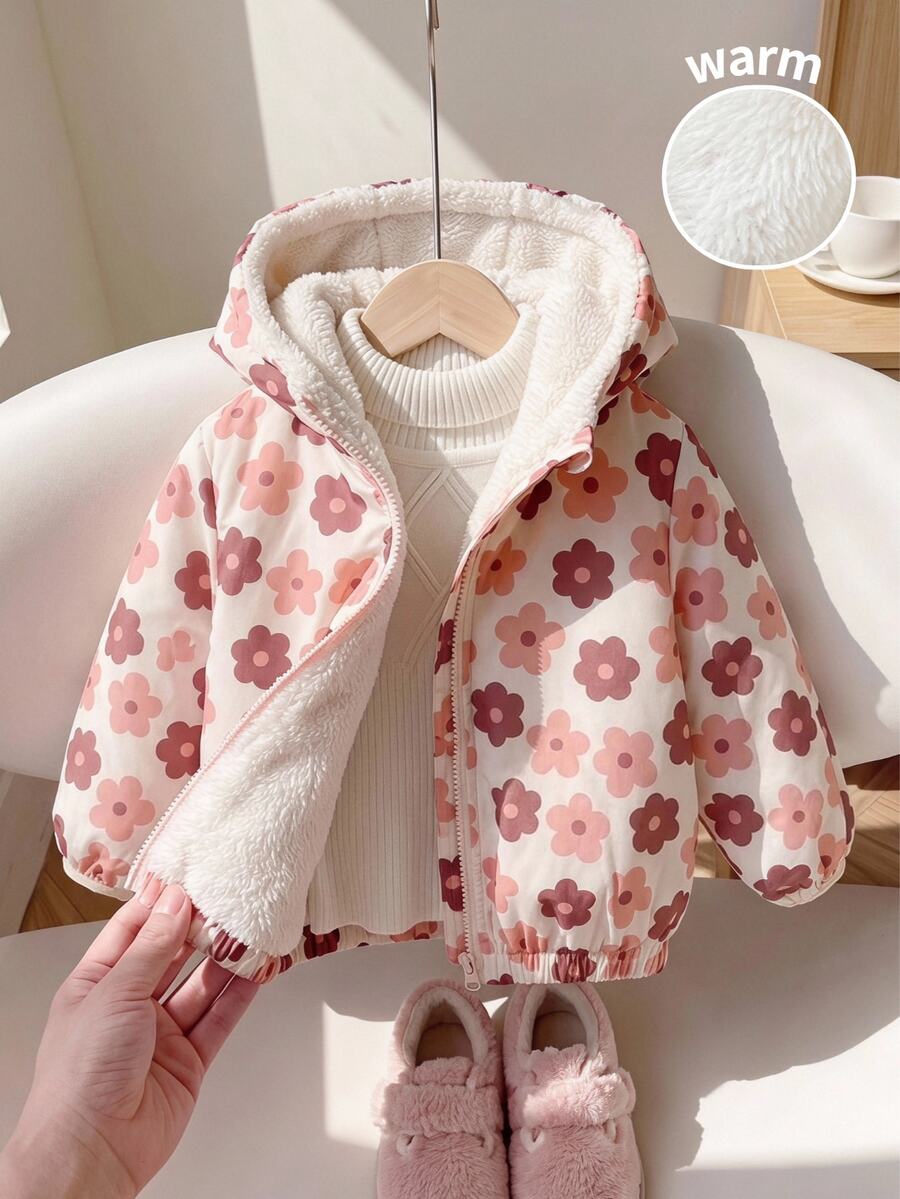 SHEIN LMoss Kids 女嬰花卉圖案長袖連帽人造毛厚外套 - 彩色 - 查看 1