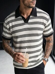Manfinity CasualCool 男士黑白條紋針織半拉鍊網眼短袖 Polo 衫，休閒夏季度假針織衫 - 黑與白 - 查看 7