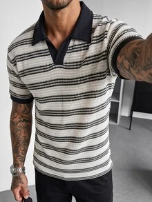 Manfinity CasualCool 男士黑白條紋針織半拉鍊網眼短袖 Polo 衫，休閒夏季度假針織衫 - 黑與白 - 查看 8
