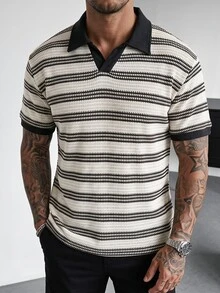 Manfinity CasualCool 男士黑白條紋針織半拉鍊網眼短袖 Polo 衫，休閒夏季度假針織衫 - 黑與白 - 查看 5