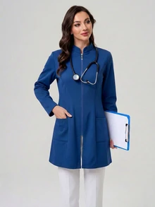 TaskEZ Jaket Seragam Medis Lengan Panjang Leher V Warna Biru untuk Wanita - Biru - View 6