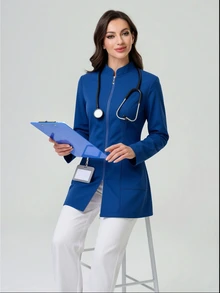 TaskEZ Jaket Seragam Medis Lengan Panjang Leher V Warna Biru untuk Wanita - Biru - View 5
