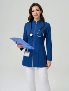 TaskEZ Jaket Seragam Medis Lengan Panjang Leher V Warna Biru untuk Wanita - Biru - View 4