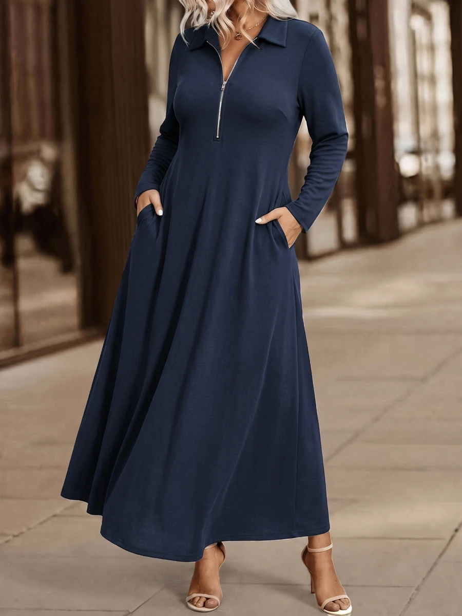 SHEIN LUNE Plus Size Women's Collared Zipper Slim Fit Long Sleeve Dress Fall - Blue - View 1