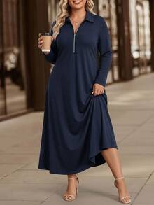 SHEIN LUNE Plus Size Women's Collared Zipper Slim Fit Long Sleeve Dress Fall - Blue - View 3