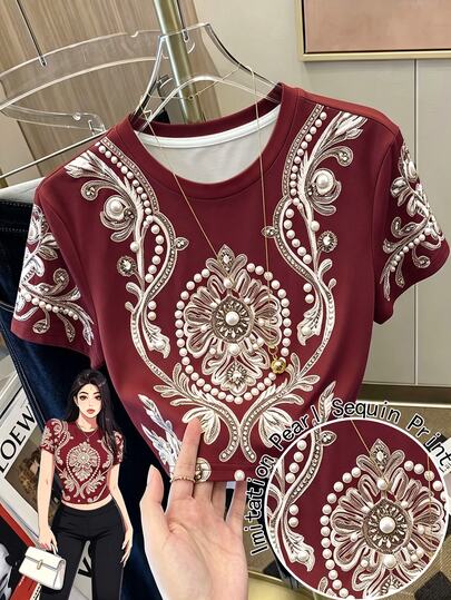Resyla Red Base Women's Fitted Cropped T-Shirt With Faux Pearl Sequin Print, Pearl Sequin Cropped Print, Summer Essential, Fashionable T-Shirt, Stylish T-Shirt, Suitable As A Gift For Brothers And Sisters, Suitable As A Gift For Sisters, Suitable As A Gift For Mothers, Mother's Day Gift, Casual Yet Fashionable Top