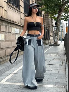 SHEIN Women's Casual 2000s Y2k Curved Leg Jeans Concert Black And White Striped Fall - Blue - View 6