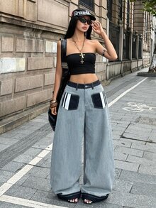 SHEIN Women's Casual 2000s Y2k Curved Leg Jeans Concert Black And White Striped Fall - Blue - View 4