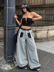 SHEIN Women's Casual 2000s Y2k Curved Leg Jeans Concert Black And White Striped Fall - Blue - View 3