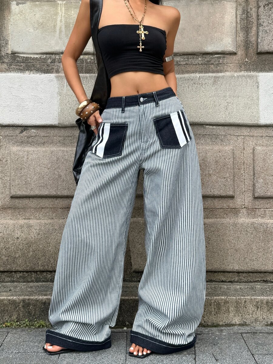 SHEIN Women's Casual 2000s Y2k Curved Leg Jeans Concert Black And White Striped Fall - Blue - View 1