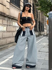 SHEIN Women's Casual 2000s Y2k Curved Leg Jeans Concert Black And White Striped Fall - Blue - View 5