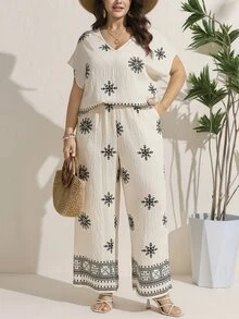 Comfylo 2件組大尺碼短袖V領T恤與長褲套裝，優雅女款極簡時尚夏季波西米亞風度假穿搭，女裝兩件套夏季新款休閒度假風時尚造型，迷人端莊適合夏季 - 彩色 - 查看 8