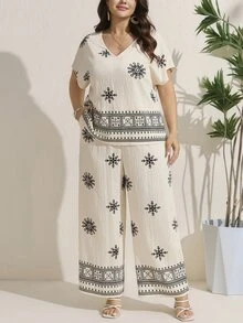 Comfylo 2件組大尺碼短袖V領T恤與長褲套裝，優雅女款極簡時尚夏季波西米亞風度假穿搭，女裝兩件套夏季新款休閒度假風時尚造型，迷人端莊適合夏季 - 彩色 - 查看 9