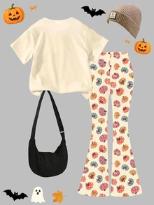 Halloween Clothes Cute Fresh Colorful Glitter Ghost Pattern Basic Short T-Shirt And Colorful Pumpkin Shaped Flared Pants Set For Girls - Multicolor - View 2
