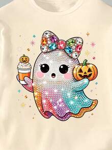 Halloween Clothes Cute Fresh Colorful Glitter Ghost Pattern Basic Short T-Shirt And Colorful Pumpkin Shaped Flared Pants Set For Girls - Multicolor - View 5