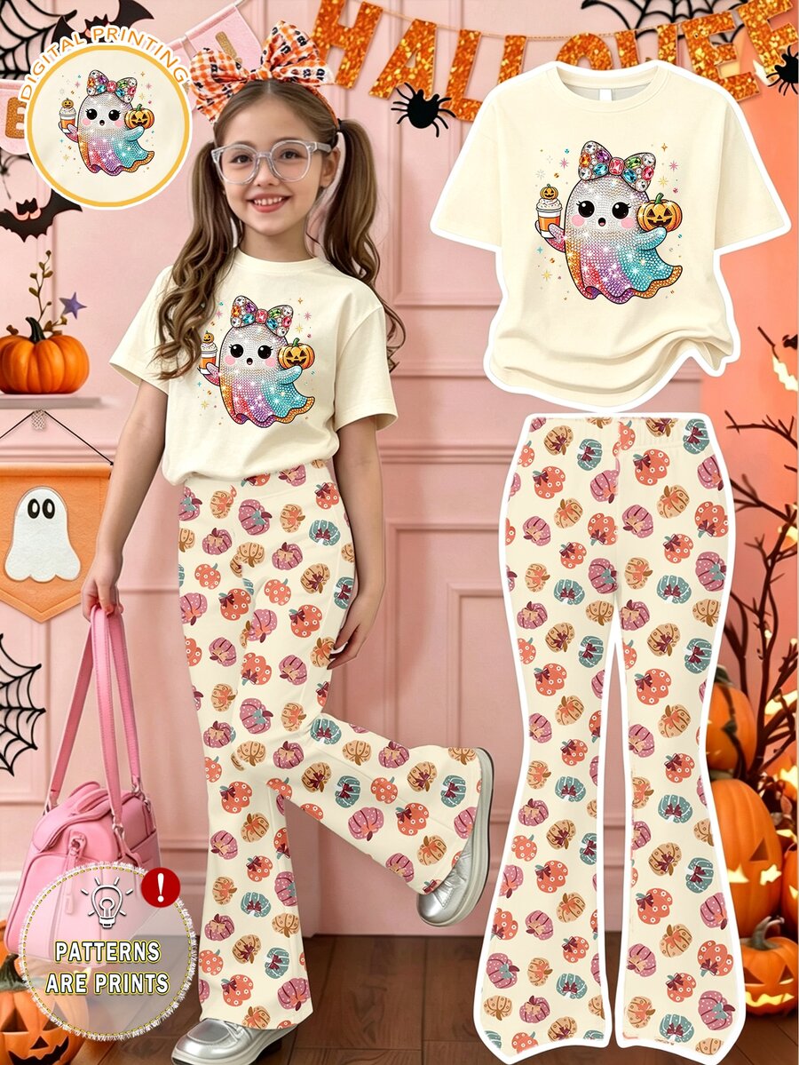 Halloween Clothes Cute Fresh Colorful Glitter Ghost Pattern Basic Short T-Shirt And Colorful Pumpkin Shaped Flared Pants Set For Girls - Multicolor - View 1