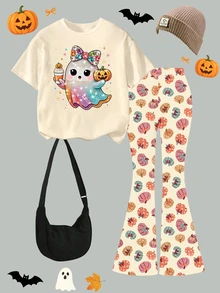 Halloween Clothes Cute Fresh Colorful Glitter Ghost Pattern Basic Short T-Shirt And Colorful Pumpkin Shaped Flared Pants Set For Girls - Multicolor - View 3