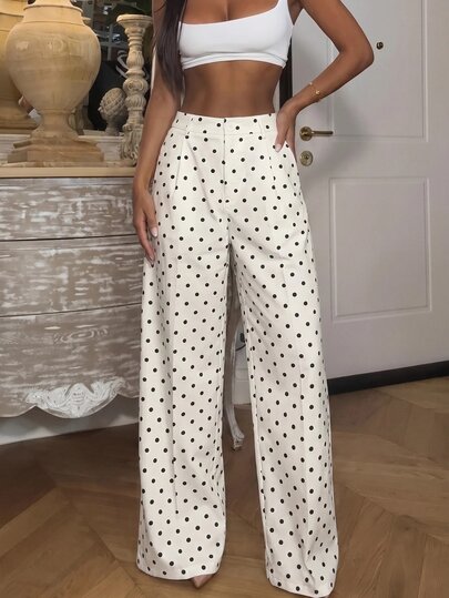 Lavishia Celana Panjang Wanita Elegan Bergaya Retro Motif Polkadot, Warna Krem, Cocok untuk Musim Kembali ke Sekolah, Celana Panjang Polkadot Hitam Putih