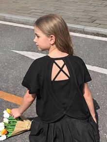 2pcs/Set Tween Girl Summer Casual Fashion Grey Hiking Round Neck Loose T-Shirt, Criss-Cross Backless Contrast Trim, Back To School Matching - Grey - View 2