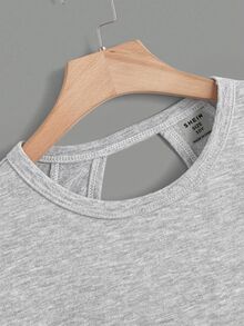 2pcs/Set Tween Girl Summer Casual Fashion Grey Hiking Round Neck Loose T-Shirt, Criss-Cross Backless Contrast Trim, Back To School Matching - Grey - View 7